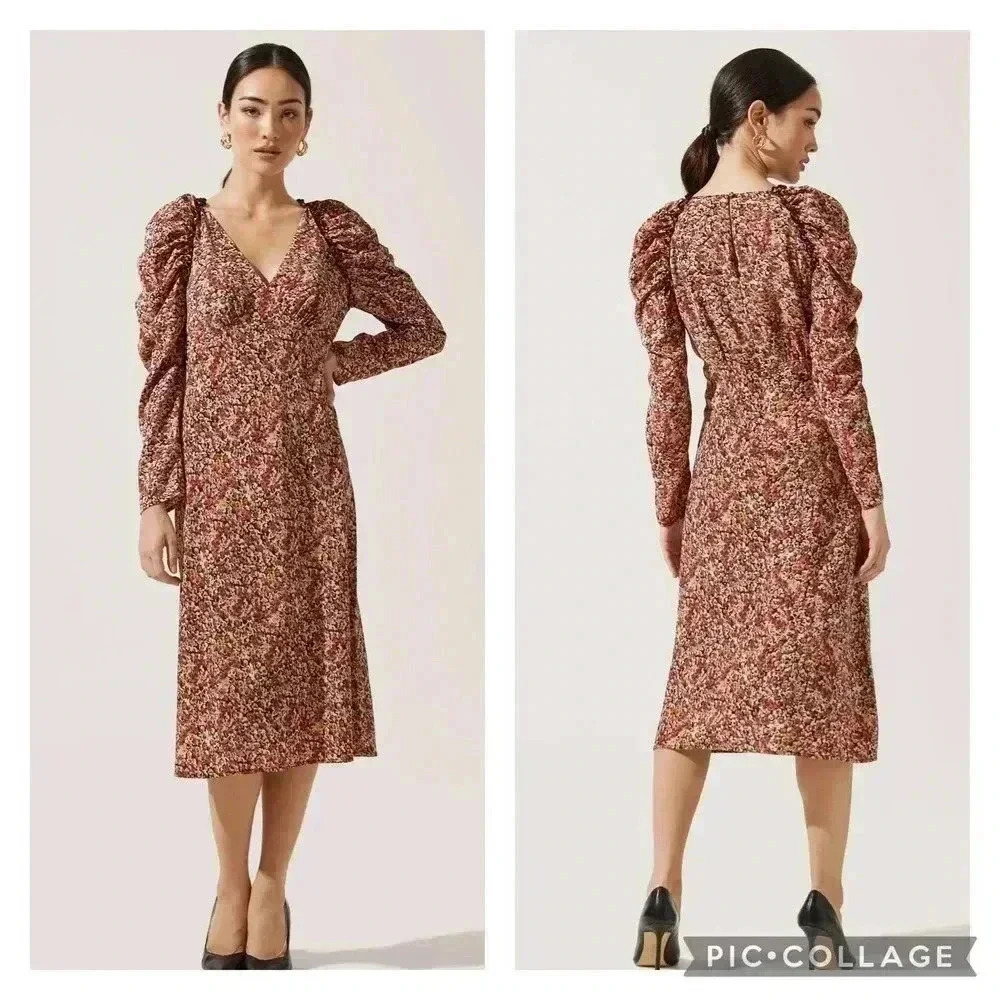 ASTR The Label Ruched Sleeve Floral Midi Dress Size, Small Keyhole Back